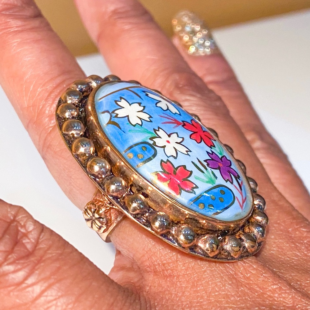 Amy Kahn Russell Bronze Ring with Hand-painted Oval Floral Center, Oversized - Picture 8 of 15